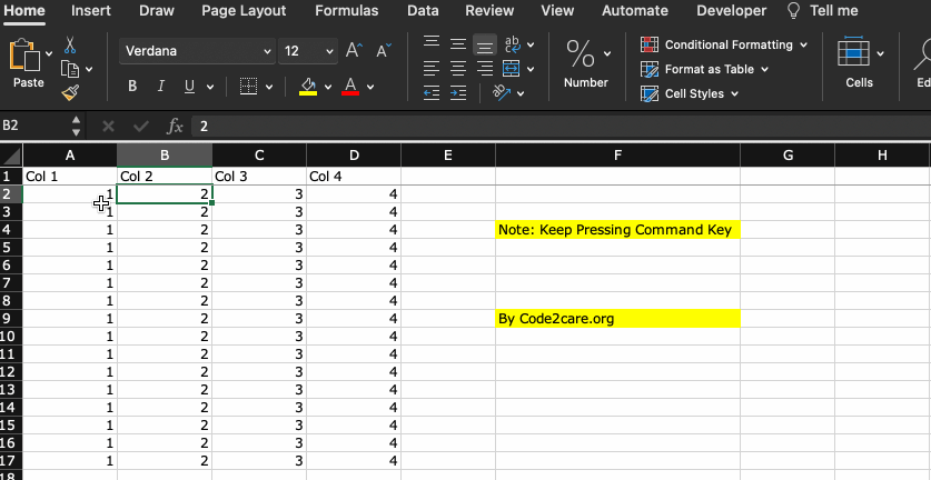 Select Two Separate Columns in Excel on Mac